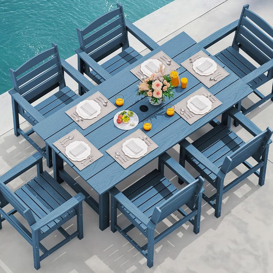 7 Piece Patio Dining Set Outdoor HDPE Table Blue Chairs-0