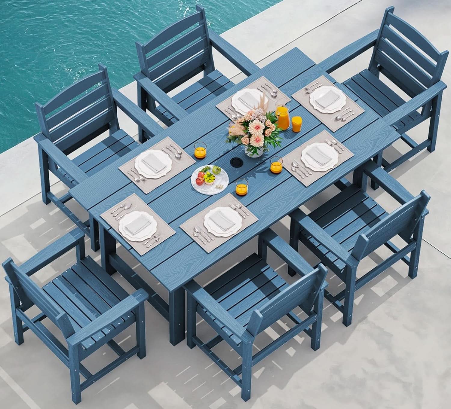 7 Piece Patio Dining Set Outdoor HDPE Table Blue Chairs-0