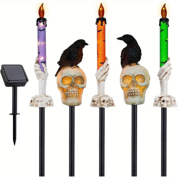5-Pack Solar Skull & Candle Lights with Black Crow, Waterproof