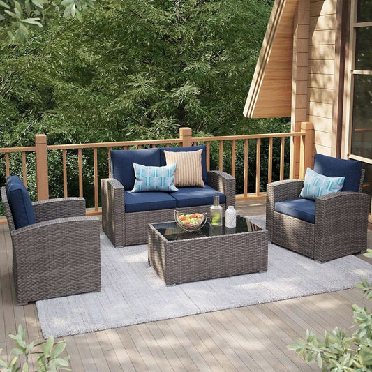 Navy Blue Outdoor Rattan Patio Furniture Set for Gatherings-0