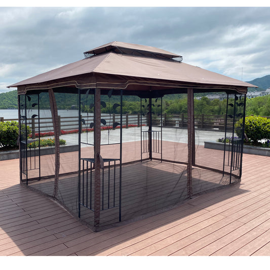 13 x 10 ft Double-Roof Gazebo with Mosquito Netting, Brown