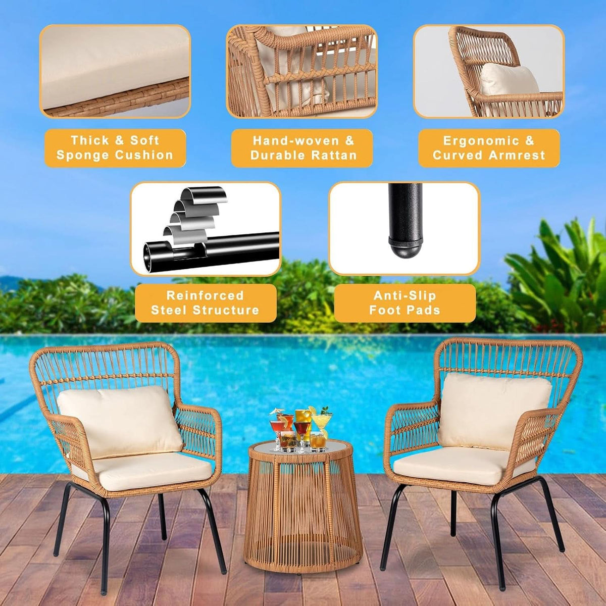 Outdoor Patio Wicker Bistro Set 3 Piece Yellow Beige-1