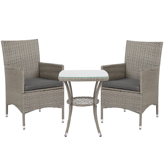 Rattan Bistro Set — 2 Chairs & 2-Tier Coffee Table, Grey