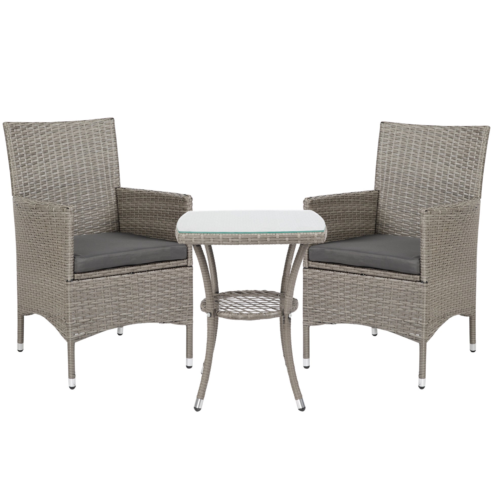 Rattan Bistro Set — 2 Chairs & 2-Tier Coffee Table, Grey