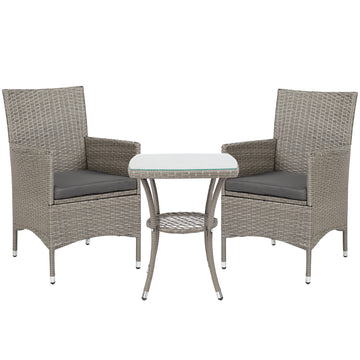 Rattan Bistro Set — 2 Chairs & 2-Tier Coffee Table, Grey