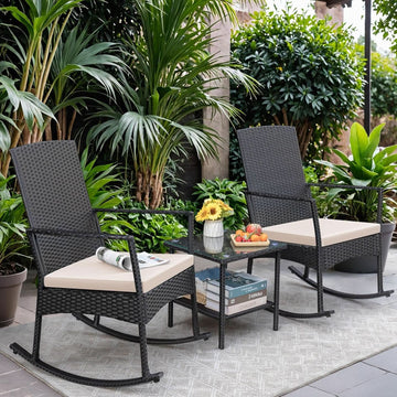 3-Piece Wicker Patio Set, Rocking Chairs & Glass Coffee Table, Beige