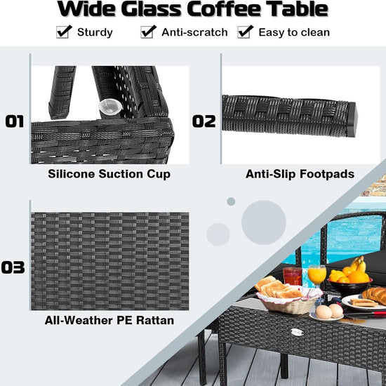 4 Piece Patio Rattan Conversation Set Glass Coffee Table-4