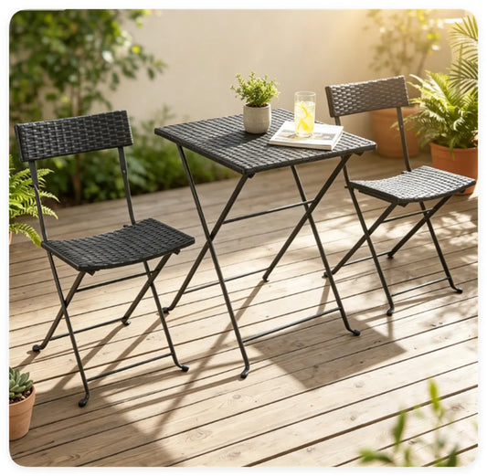 3-Piece Folding PE Rattan Bistro Set, Black Wicker