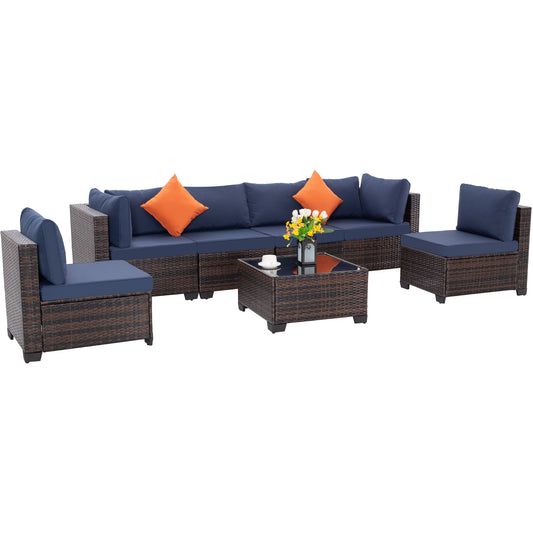 7-Piece Wicker Rattan Sectional Sofa Set with Glass Table