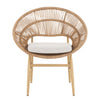 Cyril Outdoor Wicker Papasan Style Dining Chair  Teak Finished Leg And Light Brown Faux Rattan  Beige Cushion  Set Of 2