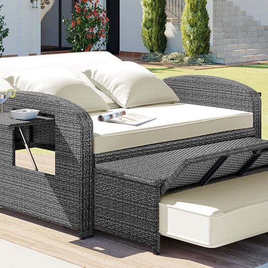 Wicker Double Chaise Lounge — two-person reclining wicker loungers with cushions and middle table