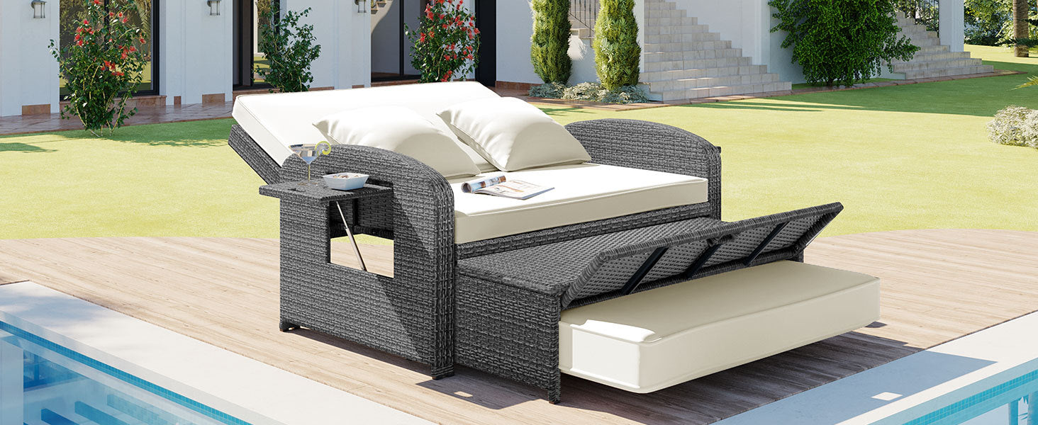 Wicker Double Chaise Lounge — two-person reclining wicker loungers with cushions and middle table