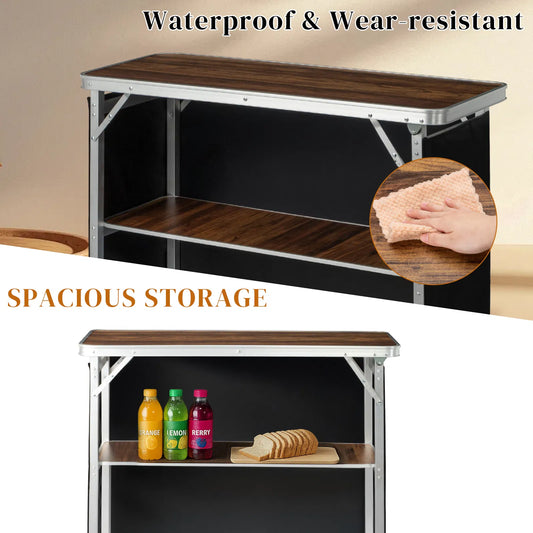 Portable Folding Bar Table with Shelf and Black Skirt