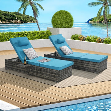 Set of 2 Outdoor Rattan Chaise Lounge Chairs with Adjustable Backrests