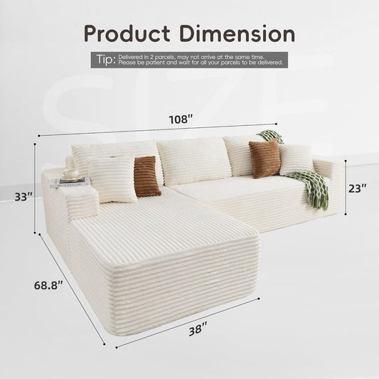 White corduroy 108-inch cloud sectional sofa with chaise, detail view 2