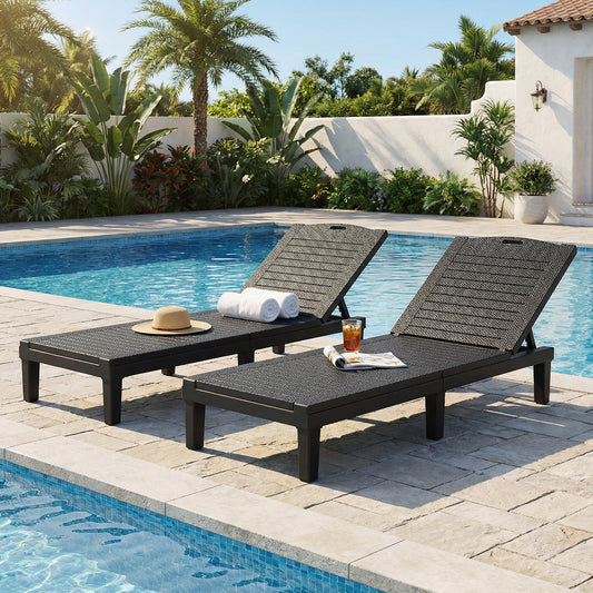 Set of 2 Adjustable Reclining Lounge Chairs, Black