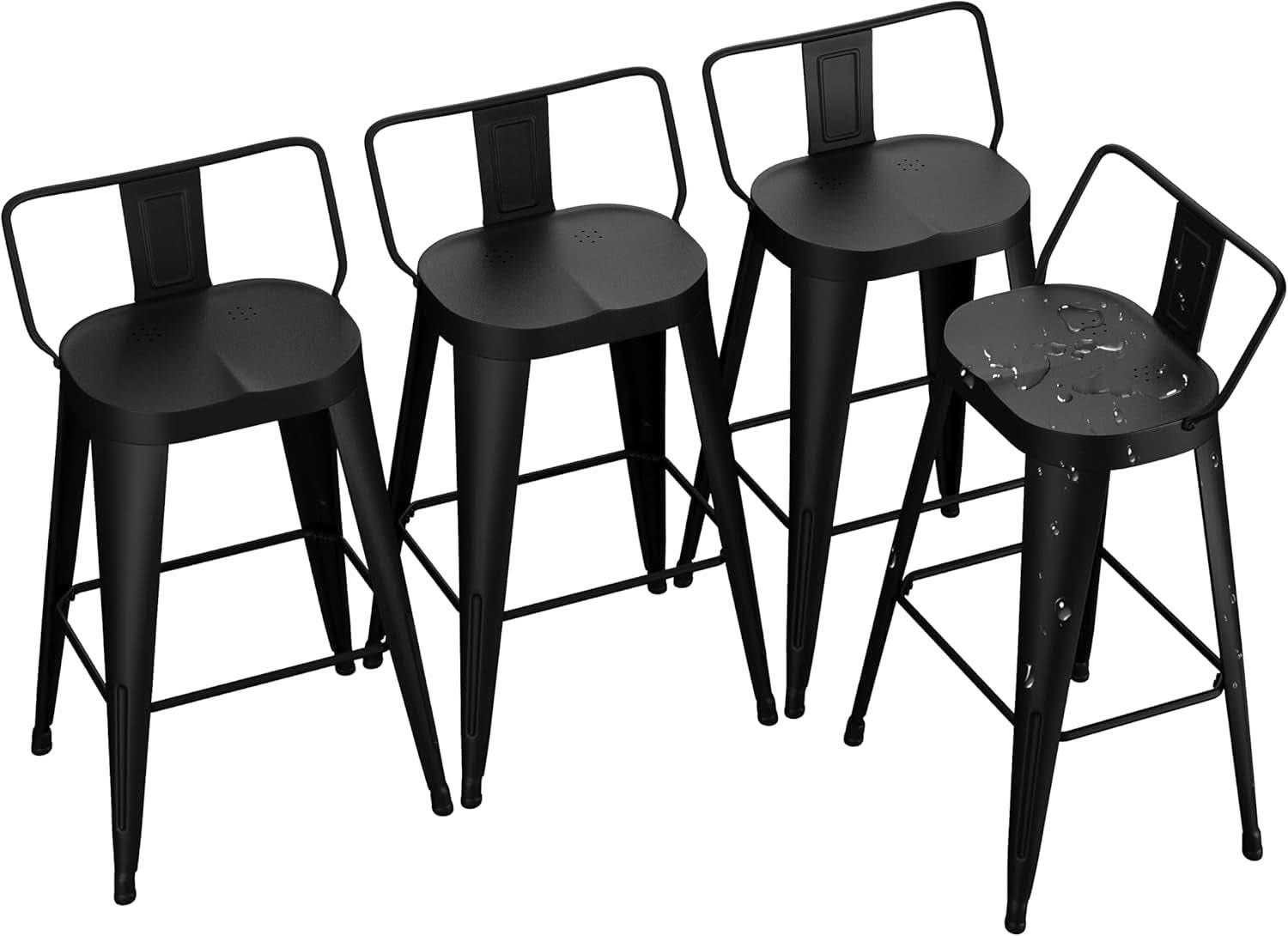 24 Inch Black Outdoor Metal Bar Stools Set of 4 Counter Height Large Ergonomic Seats-0