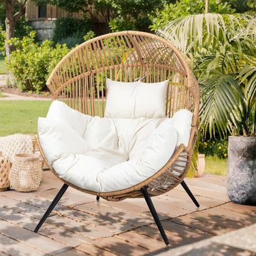 Beige Wicker Egg Chair with Cushion, Outdoor Lounge