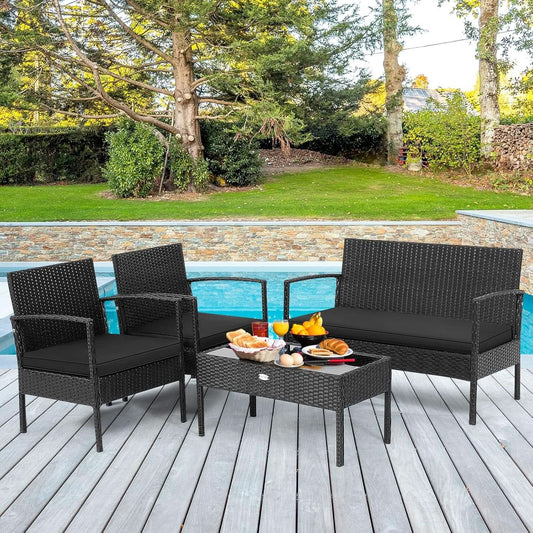 4-Piece Patio Rattan Conversation Set with Glass Coffee Table