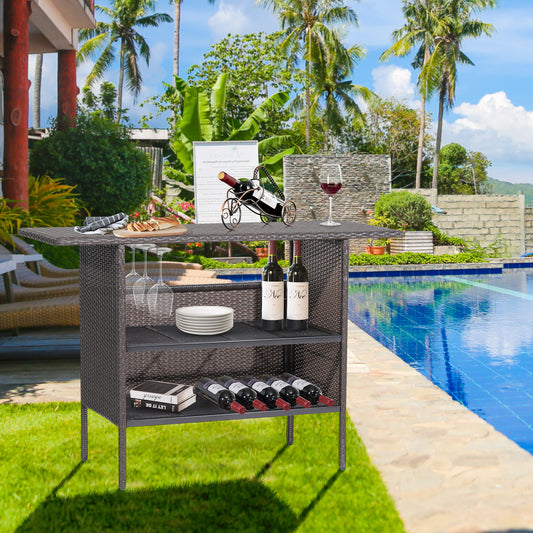 Wicker Outdoor Bar Table with 2 Mesh Shelves