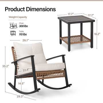 3-Piece Rocking Wicker Patio Conversation Set with 2-Tier Table