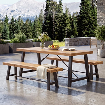 Acacia Wood Picnic Dining Set with Iron Frame, Teak Finish