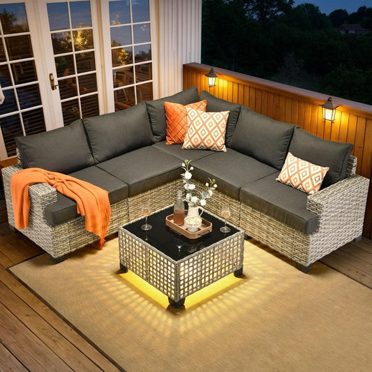 6-Piece Rattan Outdoor Sectional Sofa Set with Lighted Coffee Table