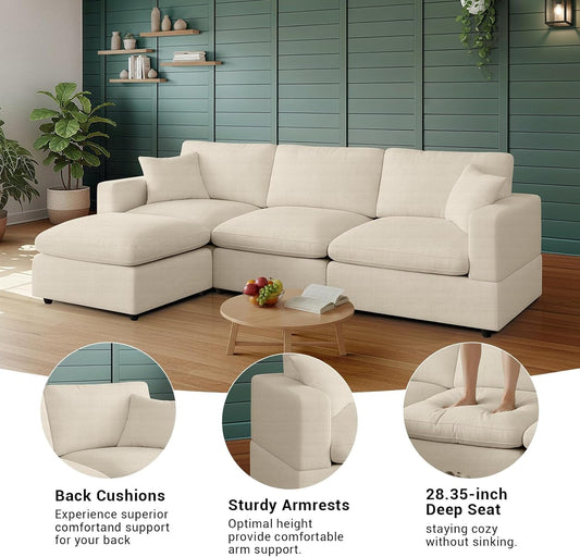 Khaki linen overstuffed cloud modular sectional sofa, detail view 2