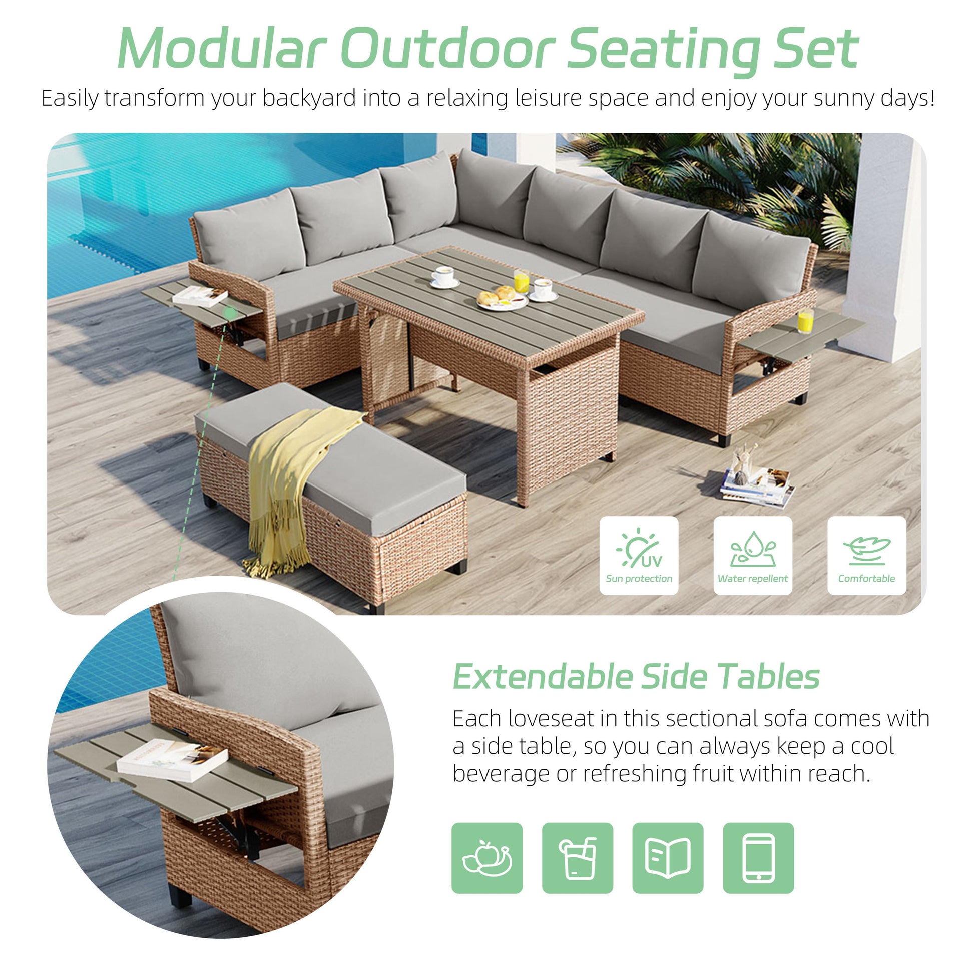 Rattan L-Shaped Patio Sectional — 5-piece outdoor wicker sectional sofa set with cushions