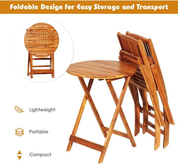 Patio Bistro Set With Wood Table And Navy Cushioned Chairs