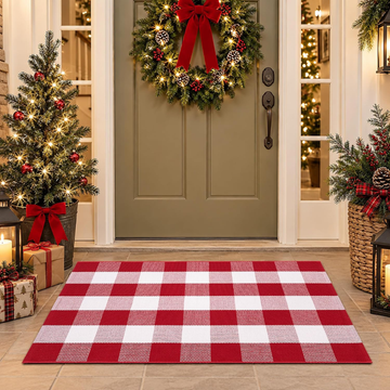Christmas Red and White Plaid Door Mat