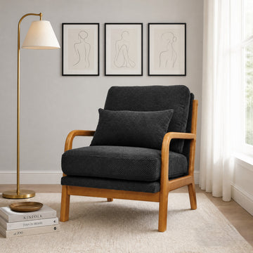 Solid Wood Lounge Chair with Nubby Dark Gray Upholstery