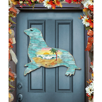 Sea Lion Coastal Door Decor, Handcrafted Holiday Door Hanger