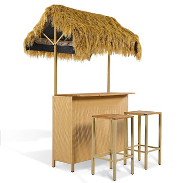 Hawaiian-Style Outdoor Bar Set — Acacia & Grass Canopy, Seats 2