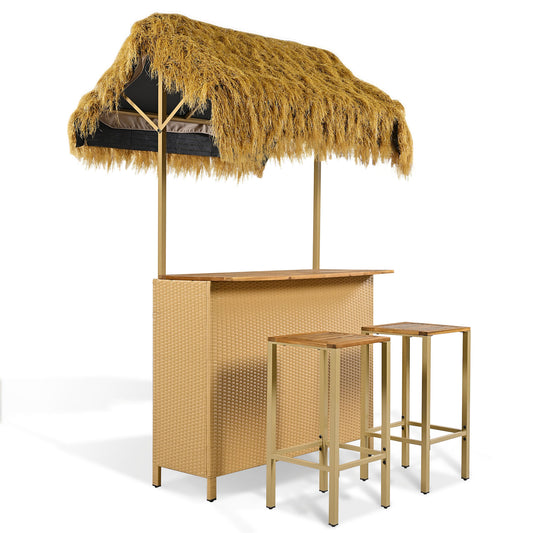 Hawaiian-Style Outdoor Bar Set — Acacia & Grass Canopy, Seats 2