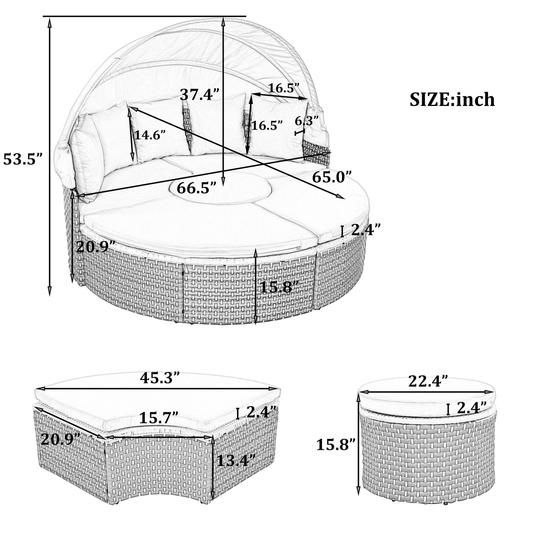 Round Rattan Daybed Sectional — round outdoor daybed in all-weather wicker with cushions