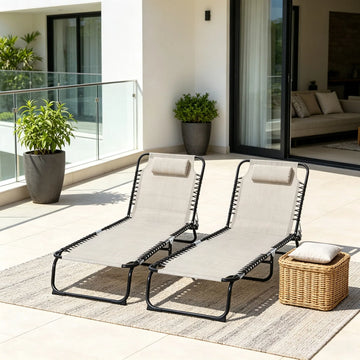 Cream White Folding Chaise Lounge Chairs, Set of 2