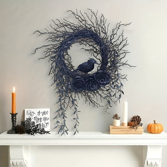 NNETM Halloween Wreath Crow & Dark Blue Roses-1
