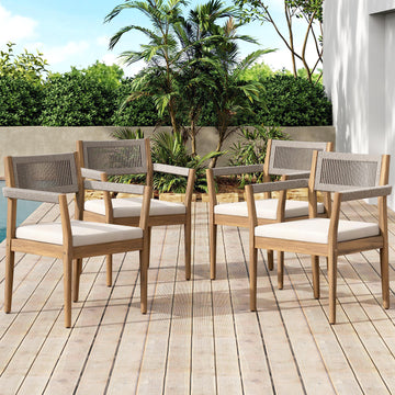 Braided Acacia Wood Outdoor Dining Chairs Set Of 4 -Teak Look With Beige Rope & Cream Cushions, Armrests -All-Weather Patio Furniture For Garden, Poolside, And Backyard  Durable & Stylish