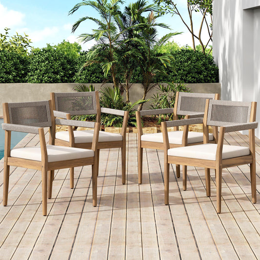 Braided Acacia Wood Outdoor Dining Chairs Set Of 4 -Teak Look With Beige Rope & Cream Cushions, Armrests -All-Weather Patio Furniture For Garden, Poolside, And Backyard  Durable & Stylish