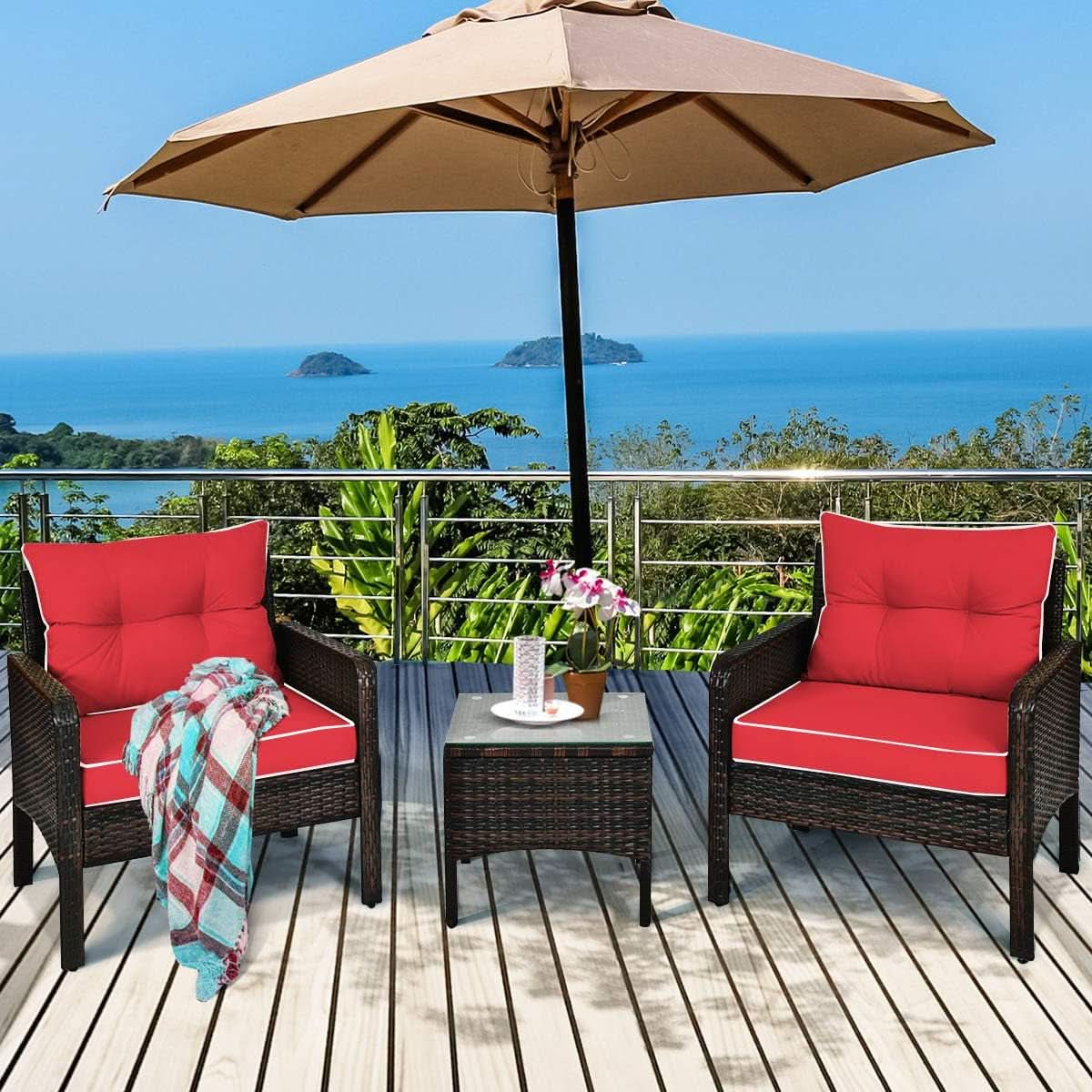 Red 3 Piece Outdoor Patio Furniture Set With Wicker Chairs And Glass Top Coffee Table-1