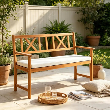 2-Person Acacia Wood Outdoor Loveseat Bench with Removable Cushion