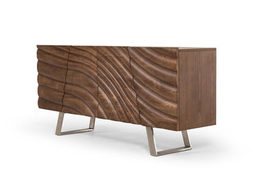 34" Walnut Veneer and Steel Buffet with 3 Drawers, 2 Doors