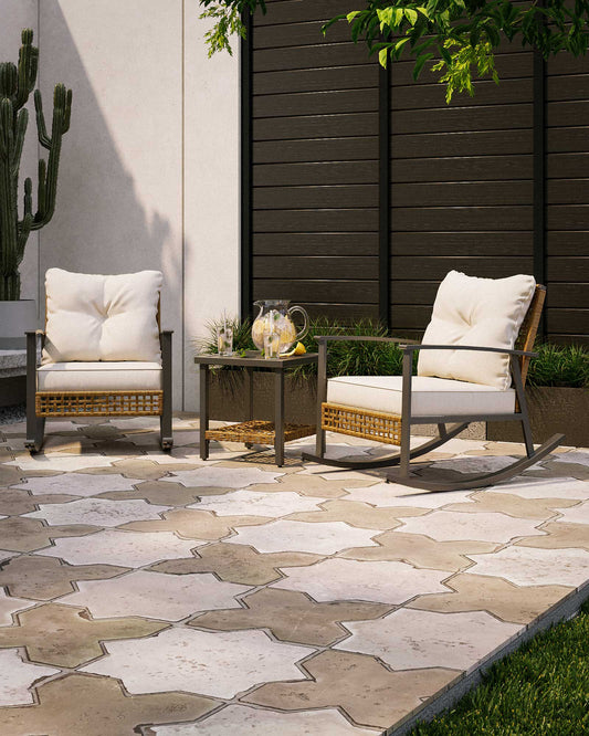 3-Piece Rocking Wicker Patio Conversation Set with 2-Tier Table