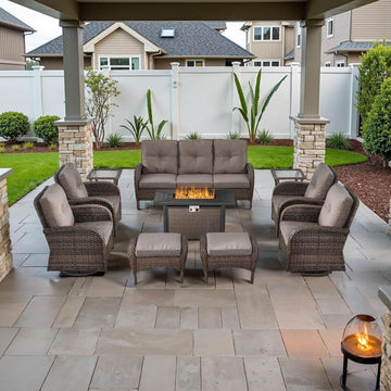10-Piece Patio Set with 43-Inch Propane Fire Pit Table, Brown Wicker