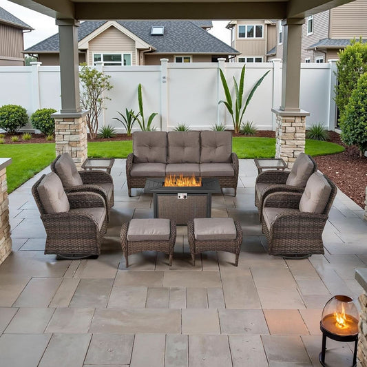 10-Piece Patio Set with 43-Inch Propane Fire Pit Table, Brown Wicker