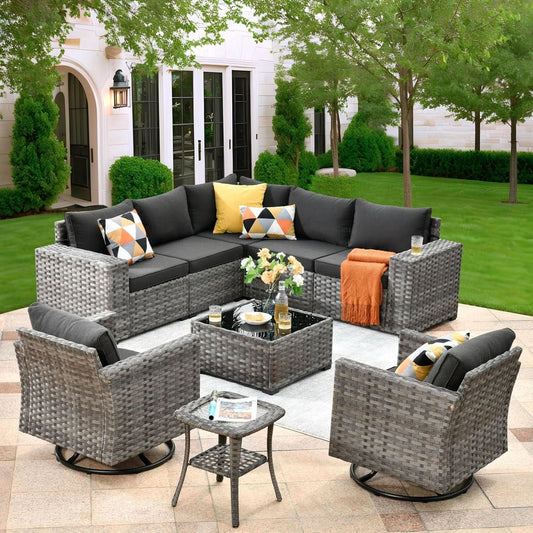 9 Piece Outdoor Wicker Sectional Sofa Set with Swivel Rocker