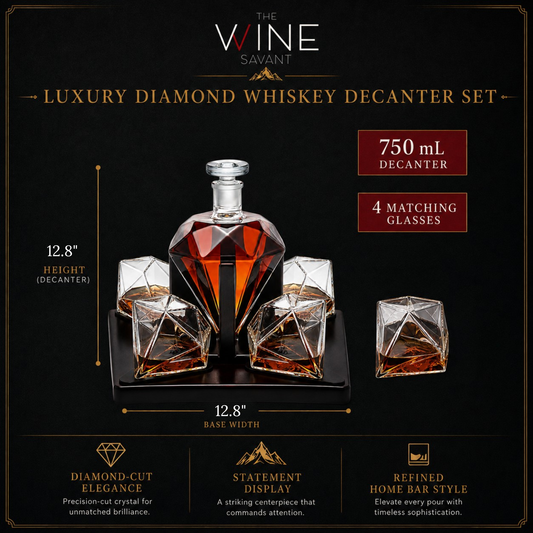 Diamond Decanter Set with Mahogany Base and Whiskey Glasses