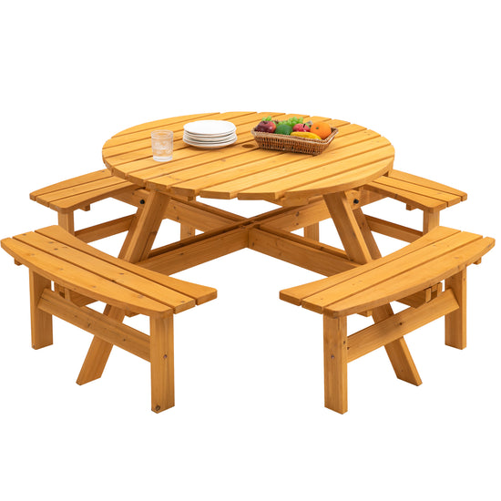 Fir Wood Round Picnic Table with Benches — Seats 8