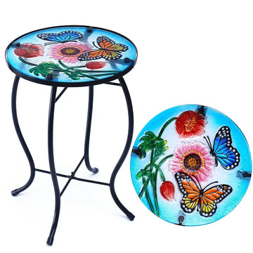 Floral Patio Side Table, Small Outdoor Glass End Table